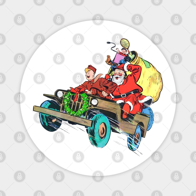 Retro Christmas Military truck at full speed with soldier carrying Santa Claus to deliver gift toys in Christmas fun Vintage Comic Book Magnet by REVISTANGO